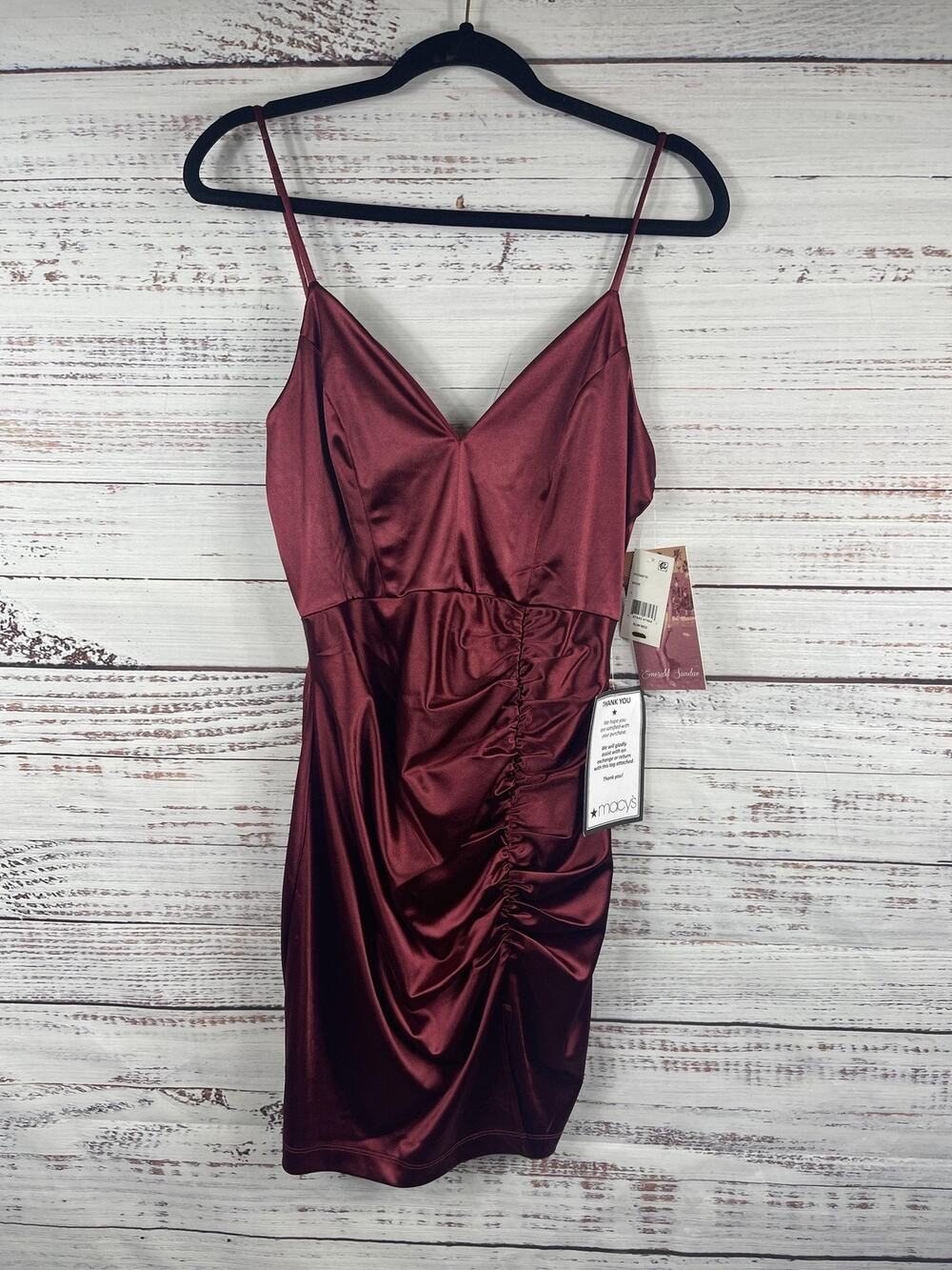 Emerald Sundae Dress Juniors L Wine Red Satin Ruched Bodycon V Neck Knee Length